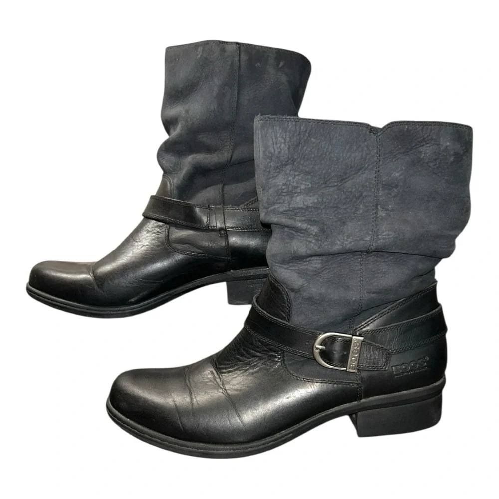 BOGS Cassie Black Leather Low Slouchy Buckle Slip On Ankle Riding Boots Size 11 - Picture 2 of 13